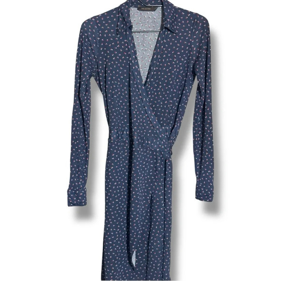The Limited Navy Long Sleeve Printed Mini Wrap Dress With Collar - Picture 12 of 14